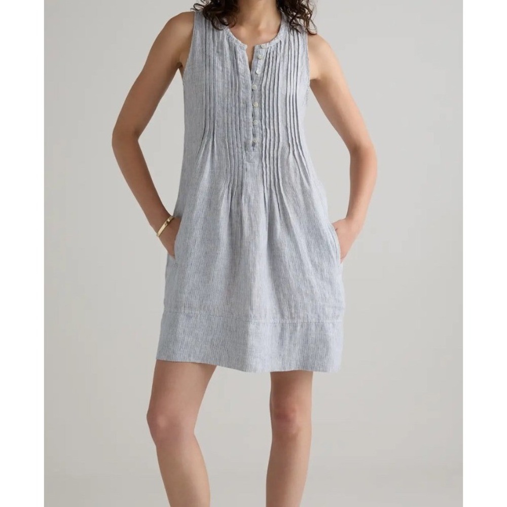 Quince Sleeveless Swing Striped Dress 100% European Linen Pockets Button Up